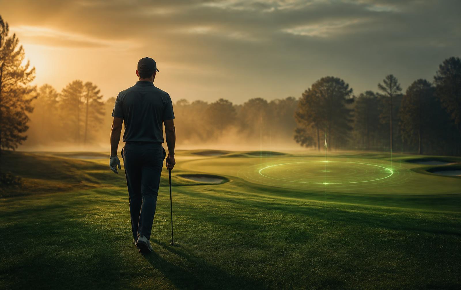 Golfspiller på fairway i morgenlys med digital sone rundt greenen