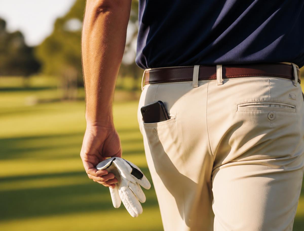 Golfspiller som legger telefonen i baklommen